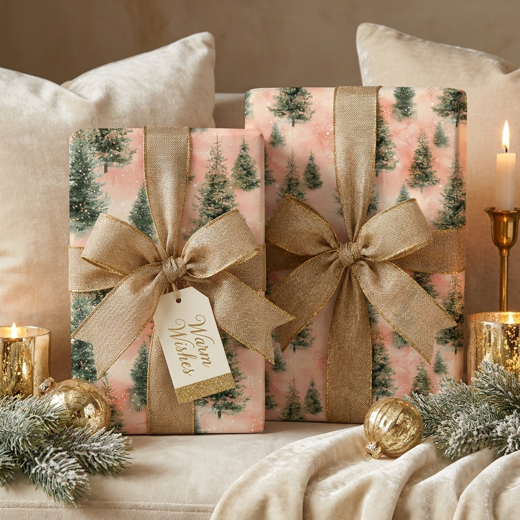 Luxury pink Christmas wrapping paper with green pine trees and gold bows by Wrapped Studios.