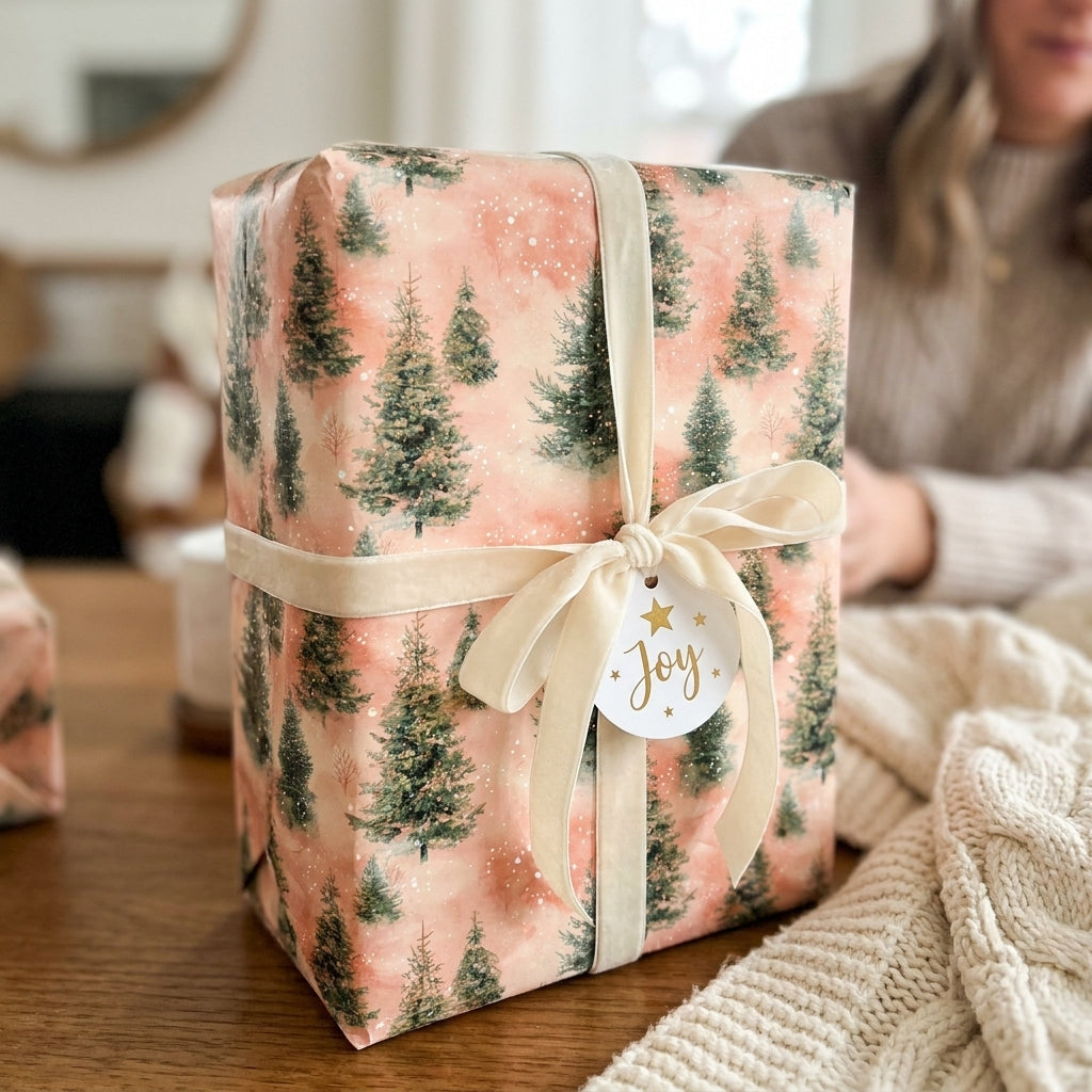 Blush pink Christmas wrapping paper with watercolor pine trees and velvet ribbon by Wrapped Studios.