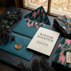 Luxury winter forest wrapping paper and solstice invitations by Wrapped Studios.