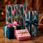 Luxury pink and green pine tree Christmas wrapping paper on gifts with velvet bows by Wrapped Studios.