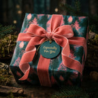 Luxury green and pink pine tree Christmas wrapping paper with a velvet bow by Wrapped Studios.