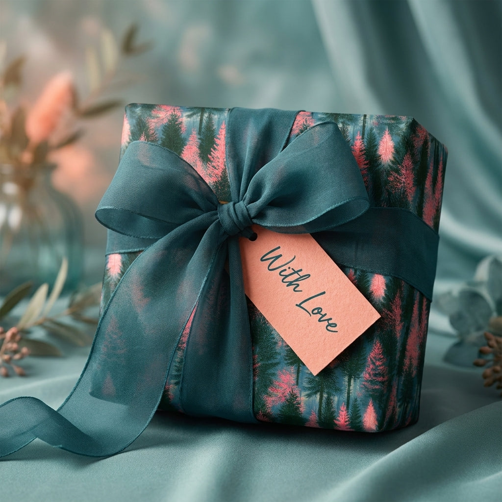 Teal and pink forest Christmas gift wrap with luxury green ribbon by Wrapped Studios.