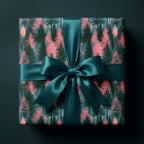 Luxury Christmas wrapping paper with pink forest pattern and teal satin ribbon bow by Wrapped Studios.