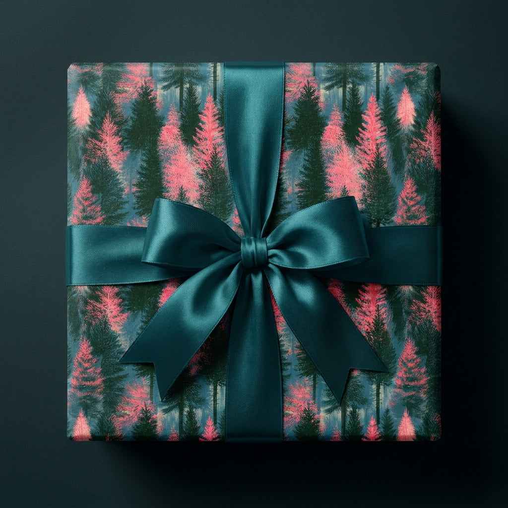 Luxury Christmas wrapping paper with pink forest pattern and teal satin ribbon bow by Wrapped Studios.