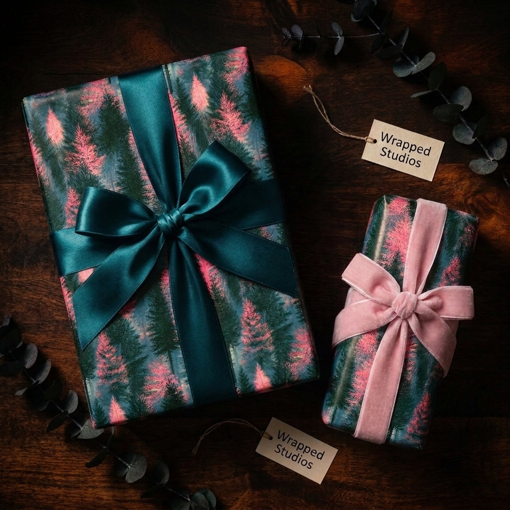 Luxury pink and green forest Christmas wrapping paper with velvet and satin bows by Wrapped Studios.