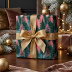 Luxury Christmas gift wrap with pink and green pine tree pattern and gold bow by Wrapped Studios.