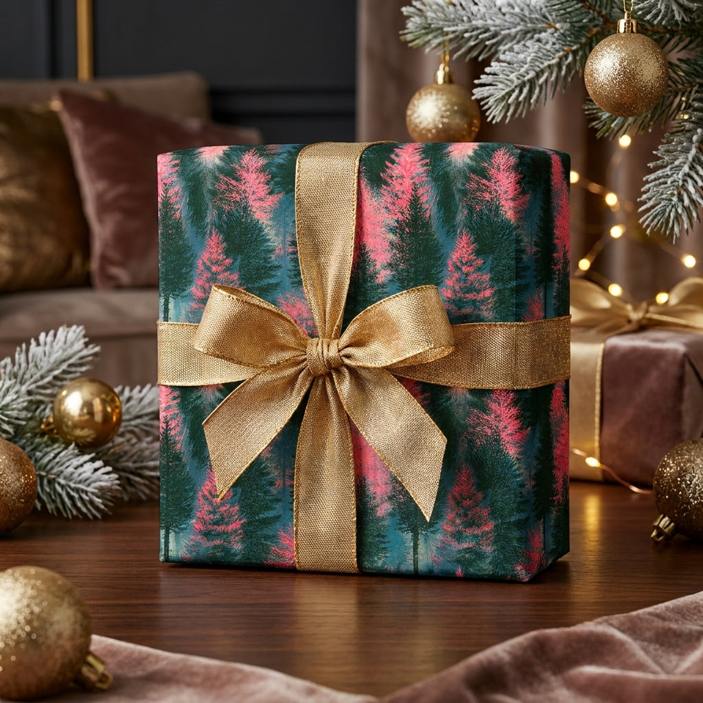 Luxury Christmas gift wrap with pink and green pine tree pattern and gold bow by Wrapped Studios.