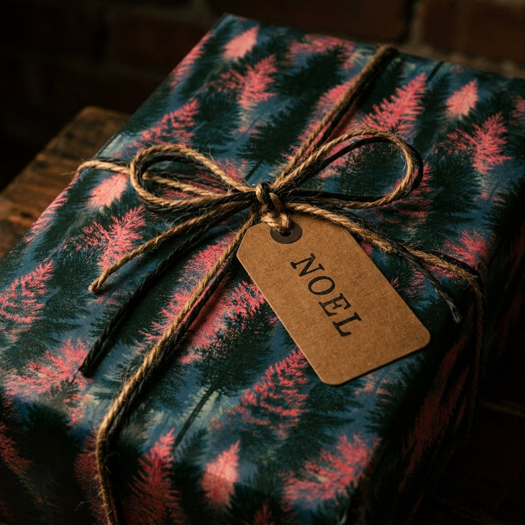 Pine tree Christmas wrapping paper with a twine bow and NOEL gift tag by Wrapped Studios.