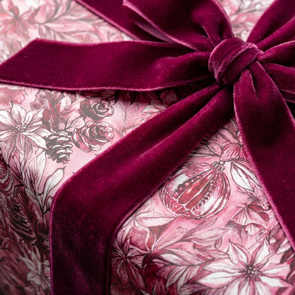 Close-up of vintage floral Christmas gift wrap with a velvet burgundy ribbon. Wrapped Studios.