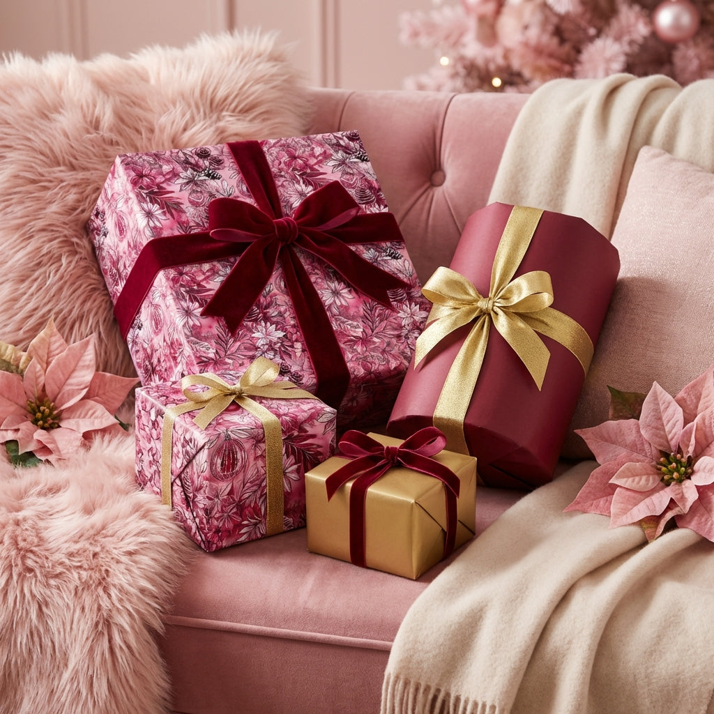Elegant Christmas gift wrap on pink couch with floral wrapping paper and gold ribbon.