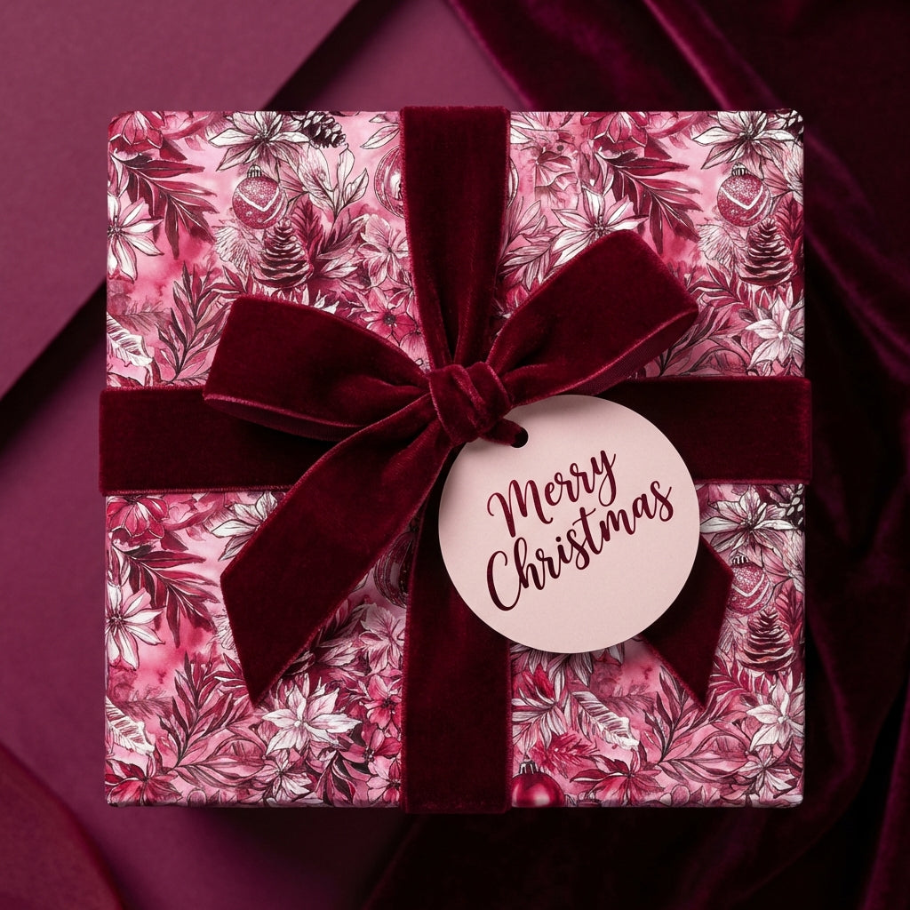 Elegant Christmas gift wrap in floral design with velvet ribbon bow and "Merry Christmas" tag.