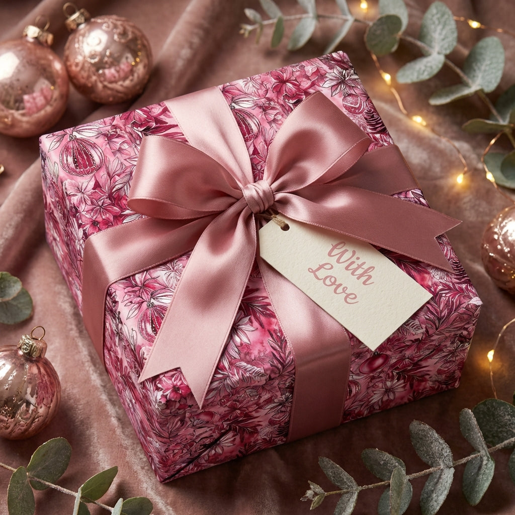 Elegant gift box in floral wrapping paper, tied with a mauve ribbon and "With Love" tag.