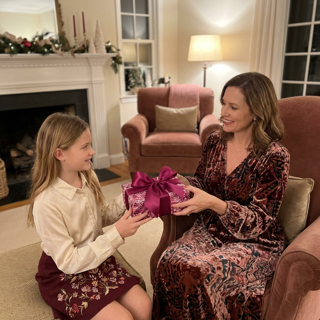 Girl gives gift wrapped in floral wrapping paper with a ribbon bow to woman.