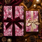Luxury gift wrap with a pink floral pattern and velvet ribbon, perfect for Wrapped Studios Christmas gifts.