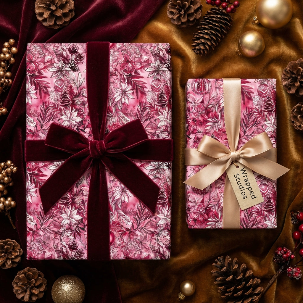 Luxury gift wrap with a pink floral pattern and velvet ribbon, perfect for Wrapped Studios Christmas gifts.