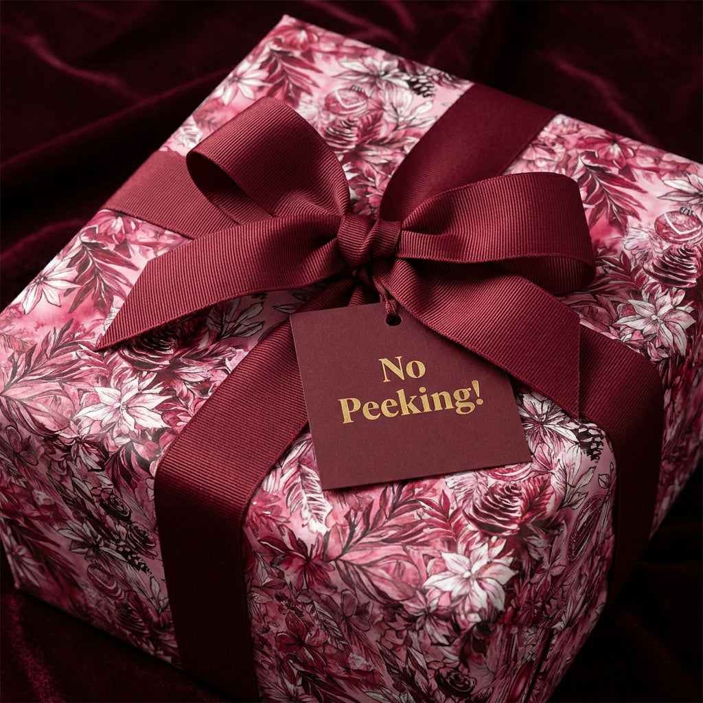 Burgundy floral wrapping paper with matching ribbon & "No Peeking!" tag. Elegant gift wrap by Wrapped Studios.