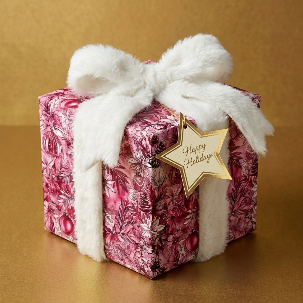 Elegant Christmas gift wrap with a pink floral pattern, a fluffy white bow, and a gold star tag.