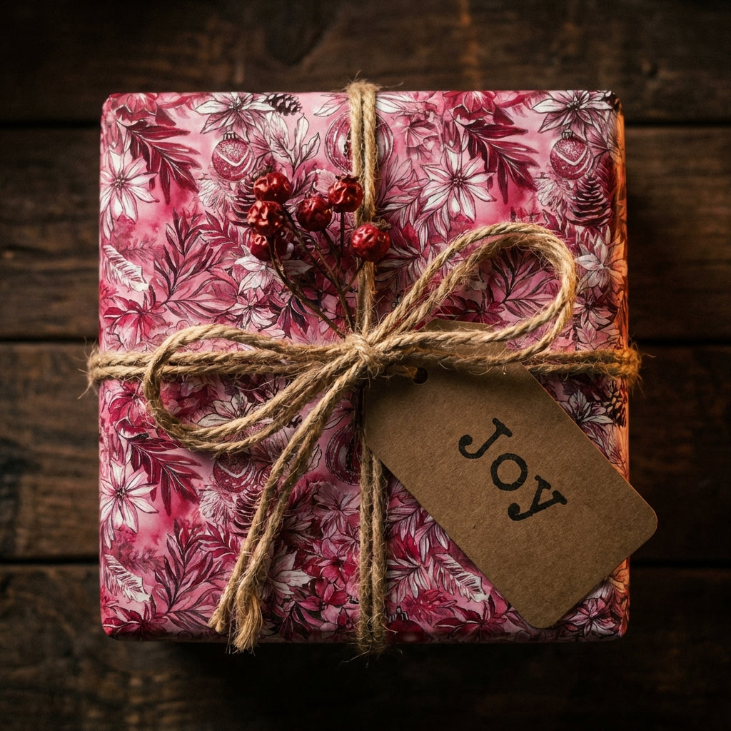 Elegant floral Christmas gift wrap in pink with twine bow and "Joy" tag.