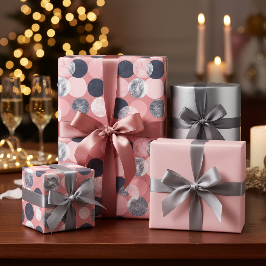 Elegant gift boxes wrapped in pink & silver wrapping paper, tied with satin ribbons for a luxury Christmas present presentation.