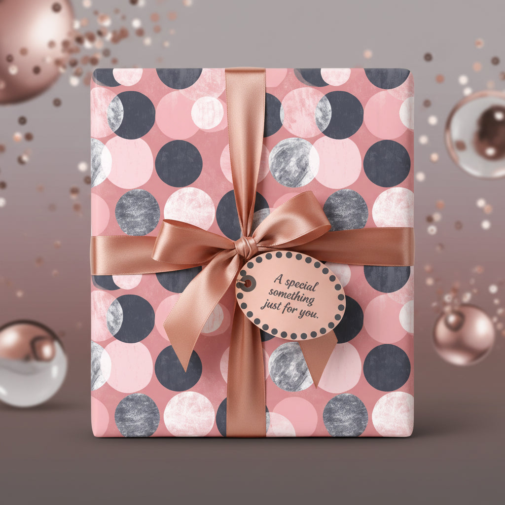 Blush pink gift wrapped in modern circle patterned wrapping paper with satin ribbon bow.