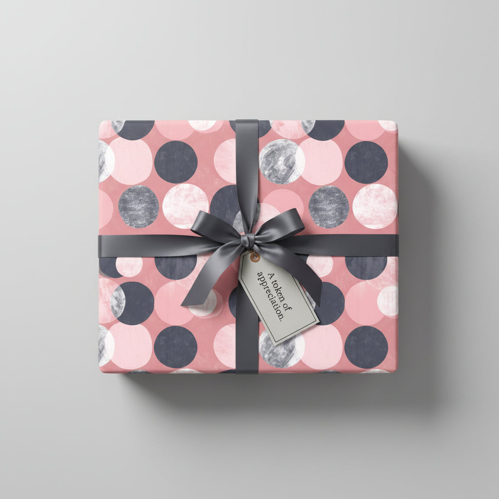 Gift wrapped in pink and gray polka dot wrapping paper with a gray ribbon and "A token of appreciation" tag.