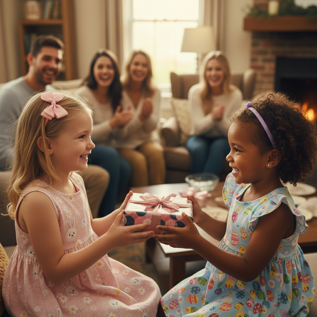 Two girls exchange a gift wrapped in polka dot Easter wrapping paper with a pink ribbon.