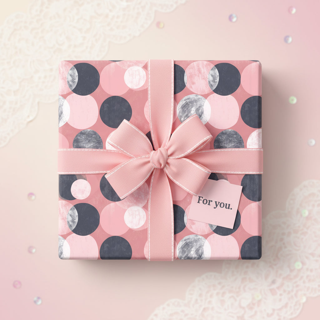 Elegant gift wrapped in pink modern geometric wrapping paper with ribbon bow and "For you" tag.