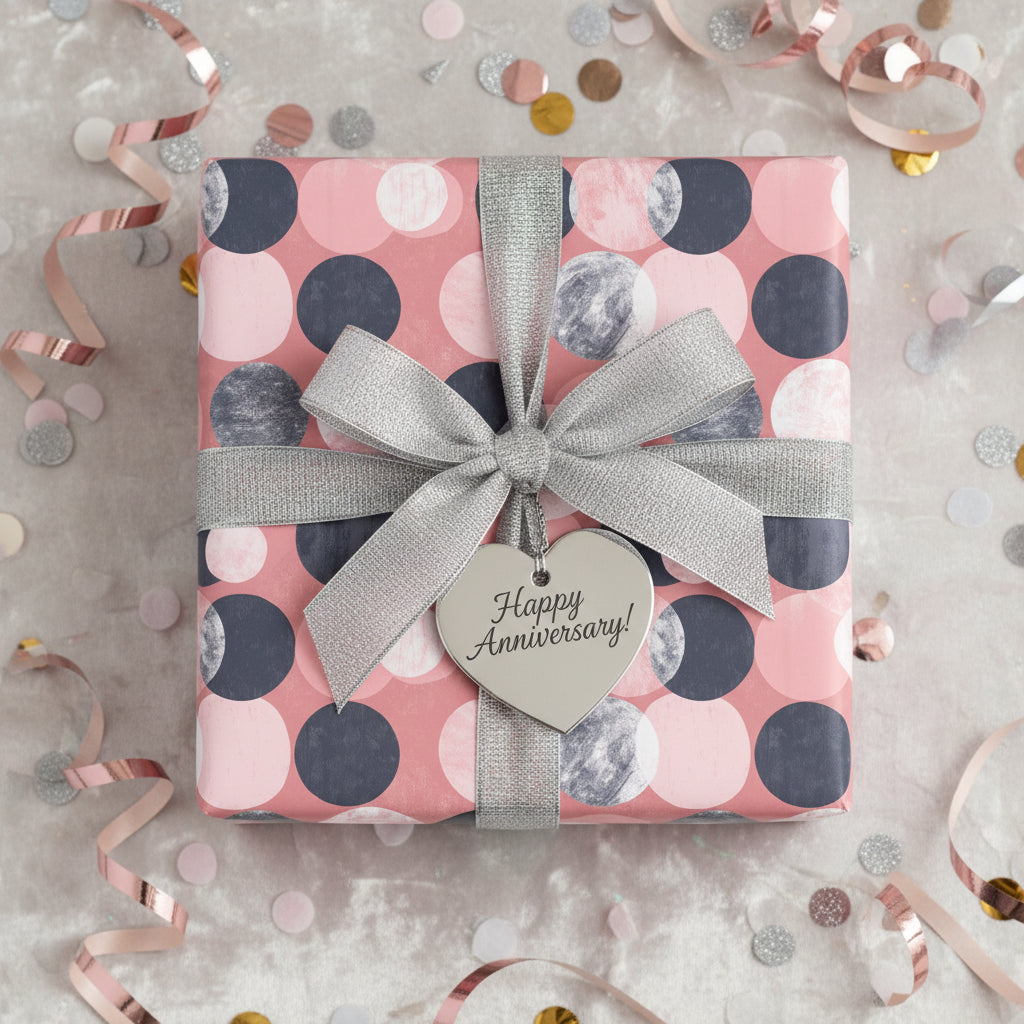 Happy Anniversary gift wrapped in modern pink dot wrapping paper with a silver ribbon and heart tag.