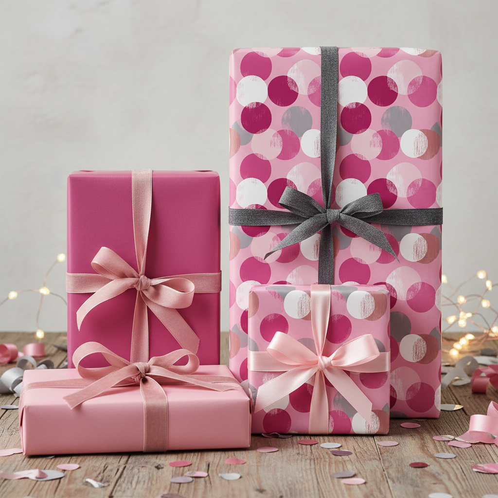 Elegant gifts wrapped in pink circle pattern paper with ribbons, perfect for birthdays.