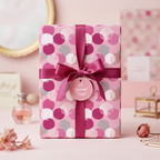 Gift wrapped in pink polka dot wrapping paper with dark pink ribbon bow and "A Special Treat" tag.