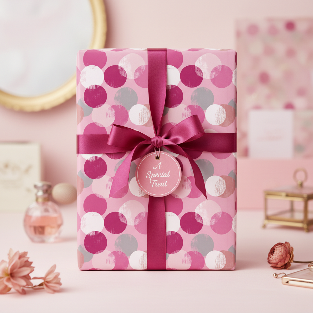 Gift wrapped in pink polka dot wrapping paper with dark pink ribbon bow and "A Special Treat" tag.