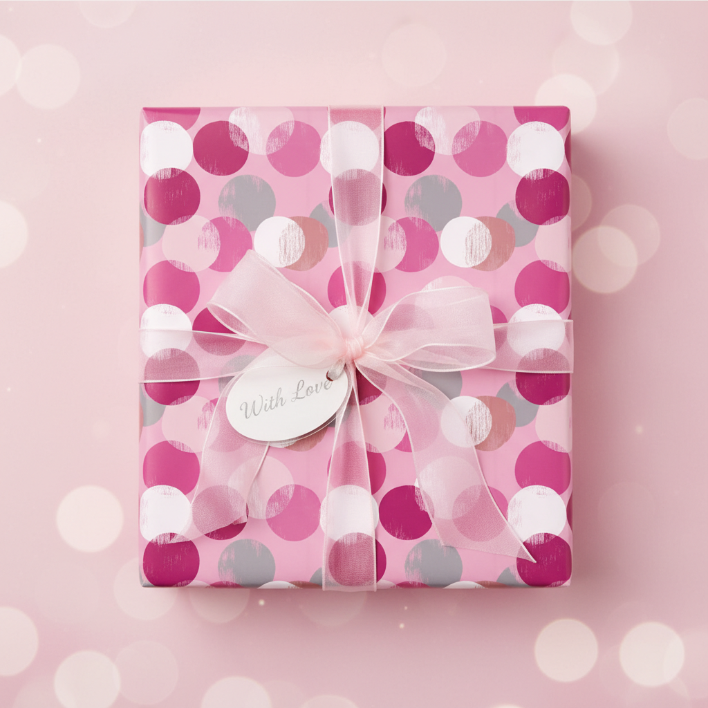 Pink polka dot birthday wrapping paper with sheer ribbon bow and "With Love" tag.