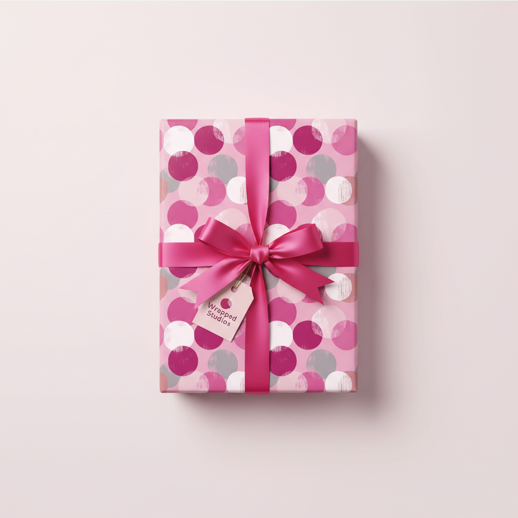 Pink birthday wrapping paper with a circle pattern and hot pink ribbon.