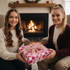 Two women exchanging a birthday gift wrapped in pink polka dot paper with a velvet ribbon, cozy fireplace background.