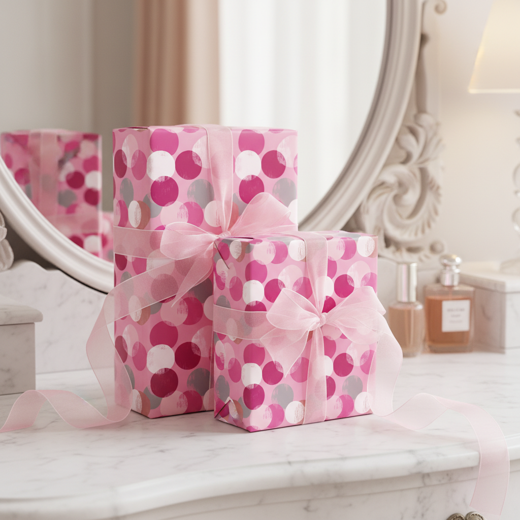 Pink polka dot birthday wrapping paper with sheer ribbon on vanity table.