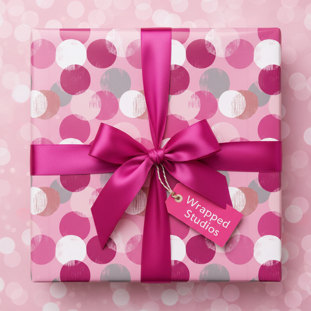 Pink polka dot birthday wrapping paper with bright pink satin bow and gift tag.