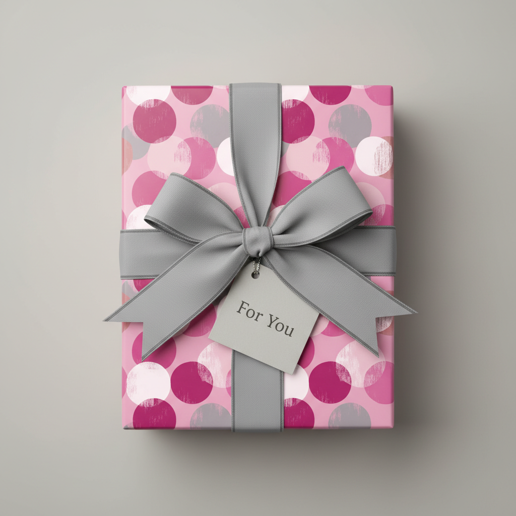 Pink polka dot birthday wrapping paper with grey ribbon and a "For You" tag.