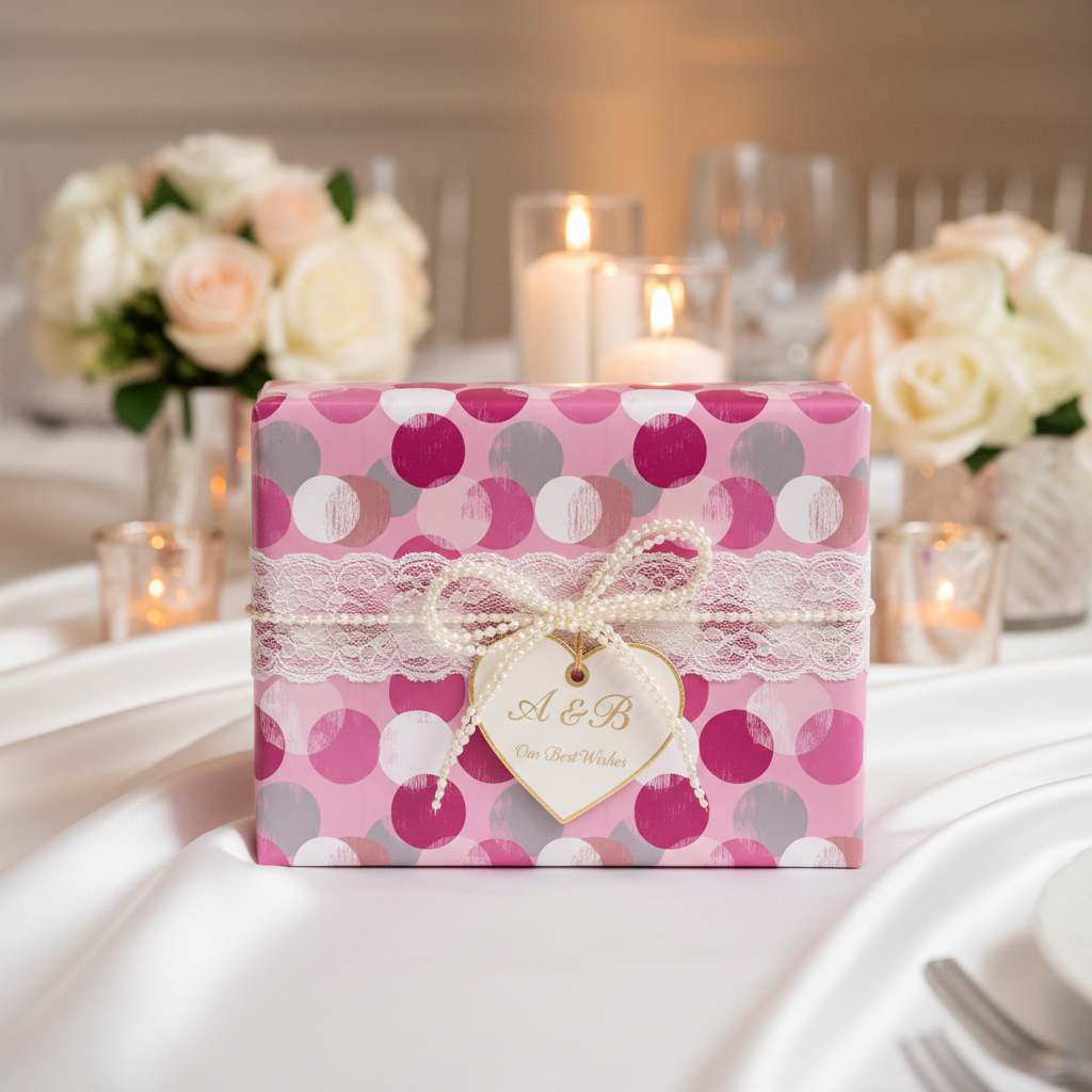 Elegant gift with pink polka dot wrapping paper, lace ribbon, and heart tag for a wedding or special occasion.