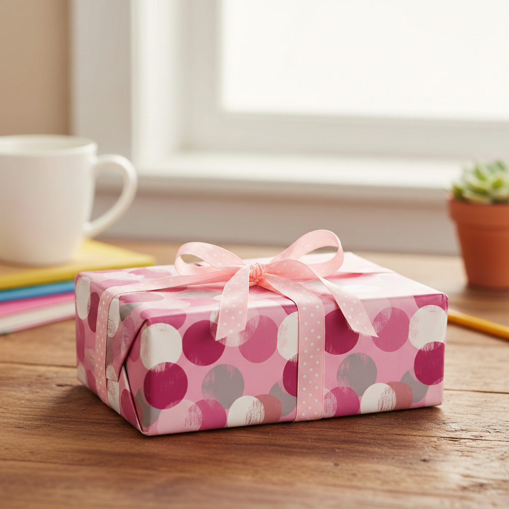 Pink polka dot birthday wrapping paper with light pink polka dot ribbon on wood desk.