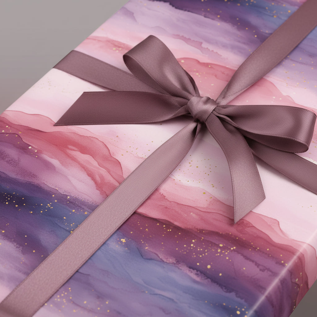 Elegant gift wrapped in pink and purple watercolor wrapping paper with a mauve satin ribbon and bow.