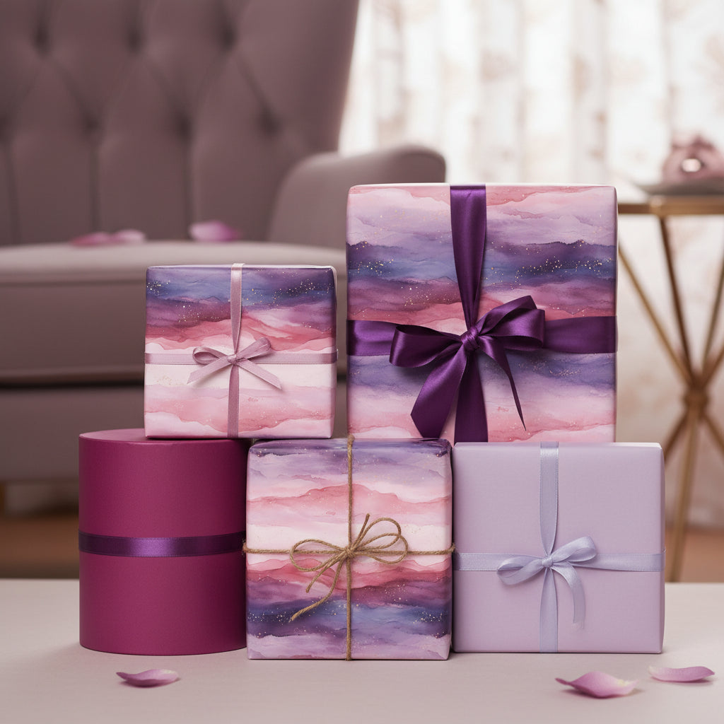 Elegant gifts wrapped in pink and purple watercolor wrapping paper, tied with silk ribbons.