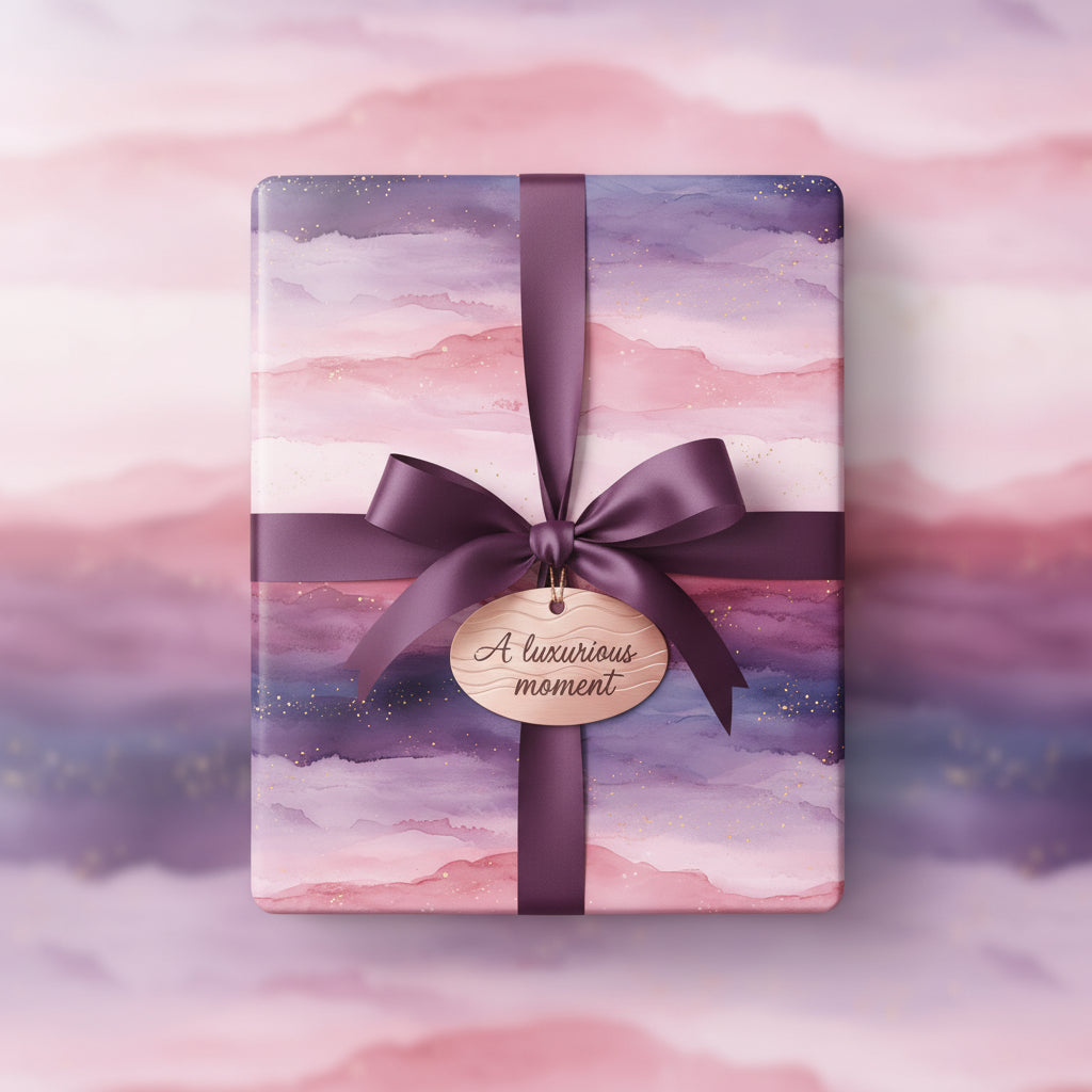 Elegant watercolor wrapping paper in shades of pink and purple, tied with a plum ribbon and "A luxurious moment" tag.