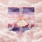 Elegant watercolor wrapping paper in purple and pink hues, tied with a blush ribbon and dreamy tag, floating in the clouds.