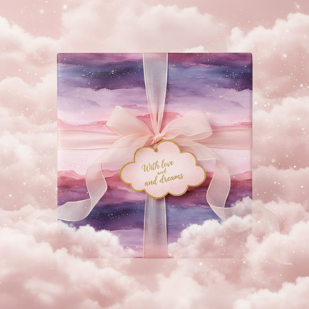 Elegant watercolor wrapping paper in purple and pink hues, tied with a blush ribbon and dreamy tag, floating in the clouds.