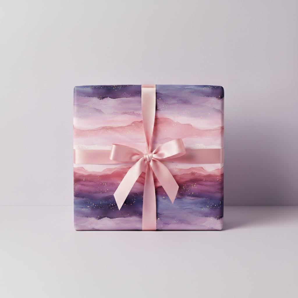 Elegant gift with pink ribbon, wrapped in watercolor abstract wrapping paper with purple, pink, and gold accents.
