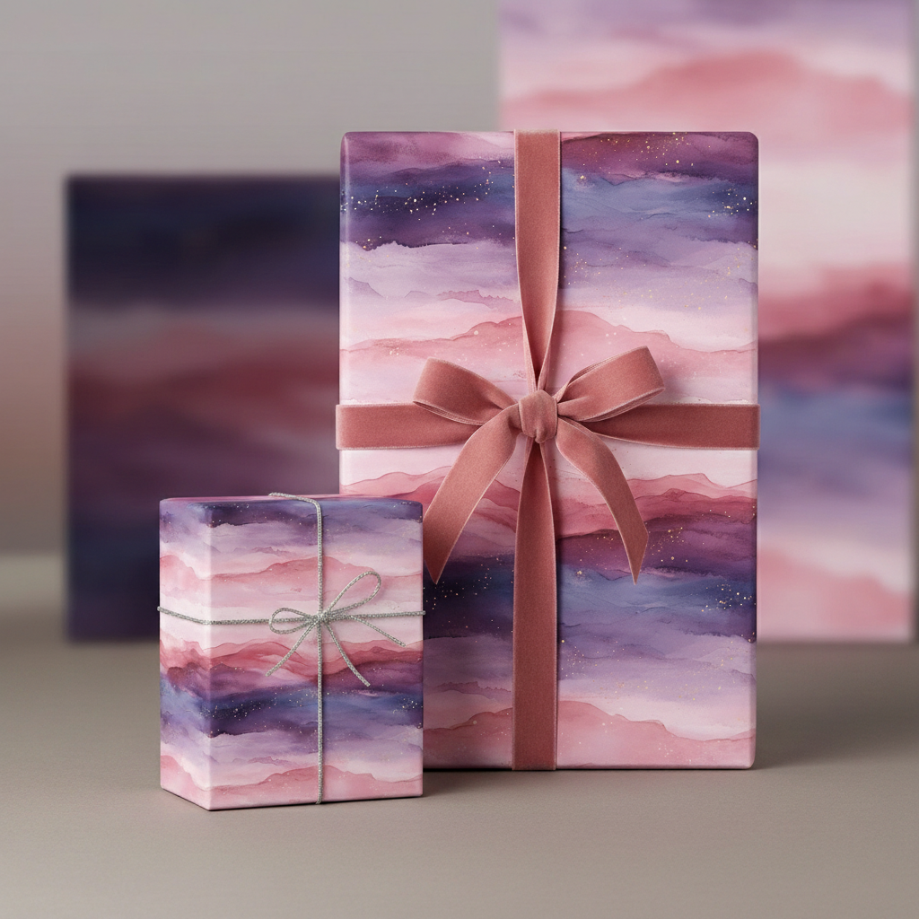 Elegant gifts wrapped in watercolor pink and purple paper with velvet ribbon and sparkly twine.