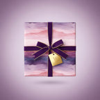 Elegant square gift wrapped in pink and purple watercolor-style paper with a deep purple ribbon.