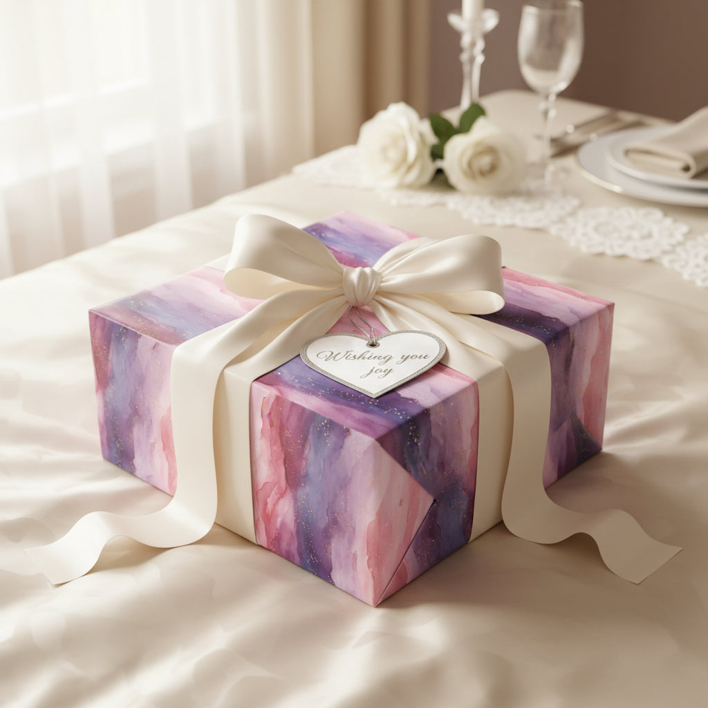 Elegant gift wrapped in watercolor purple wrapping paper, tied with a cream ribbon and heart tag.