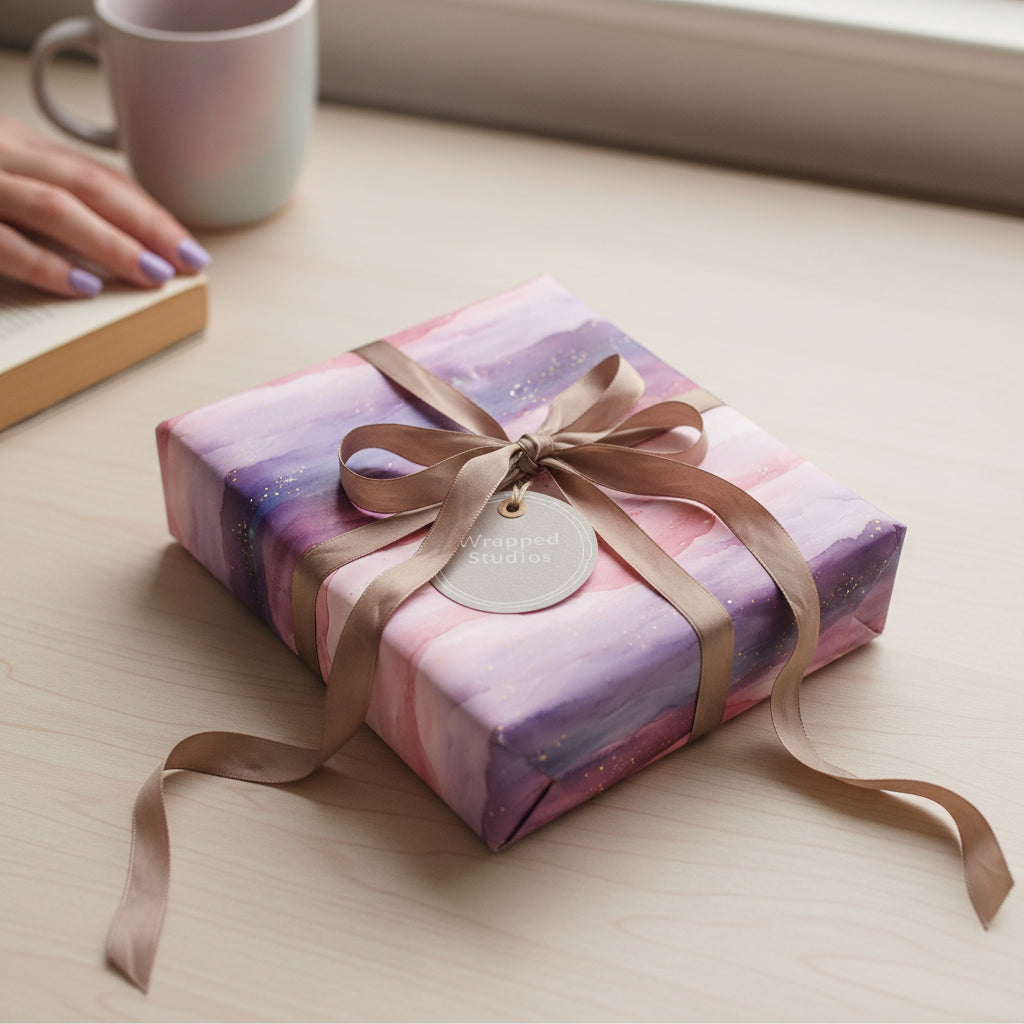 Elegant gift wrapped in watercolor purple wrapping paper with satin ribbon and tag.