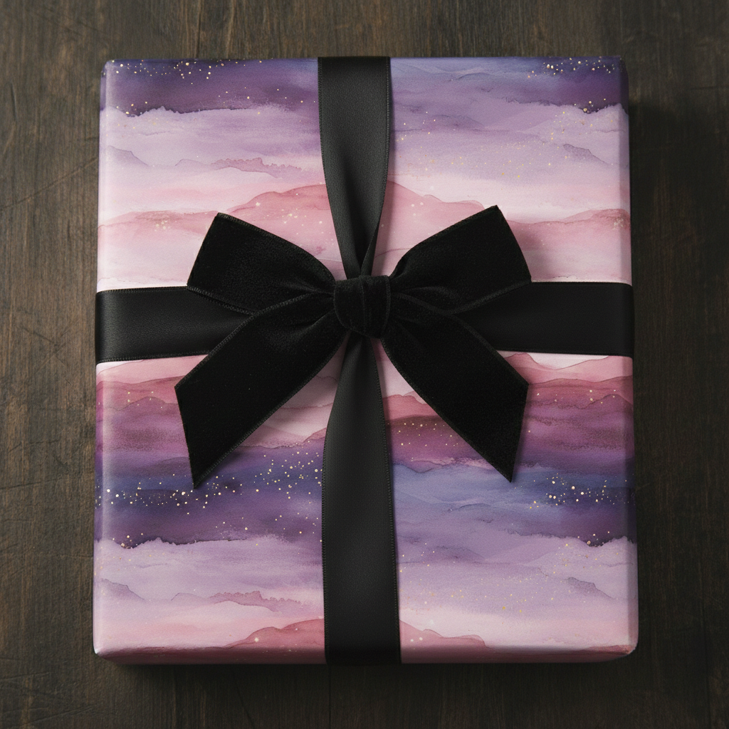 Square gift wrapped in purple watercolor paper with black velvet ribbon.